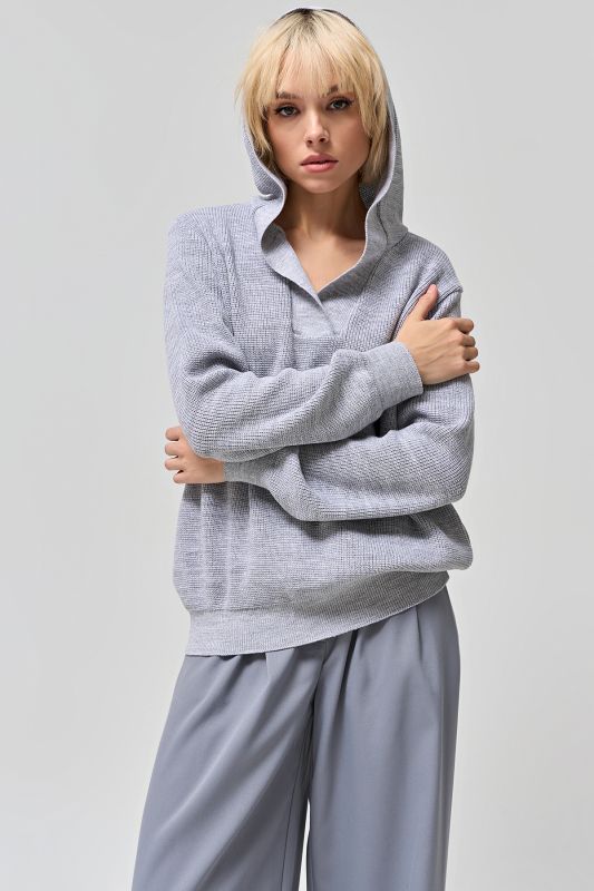 Hooded cotton sweater melange light gray