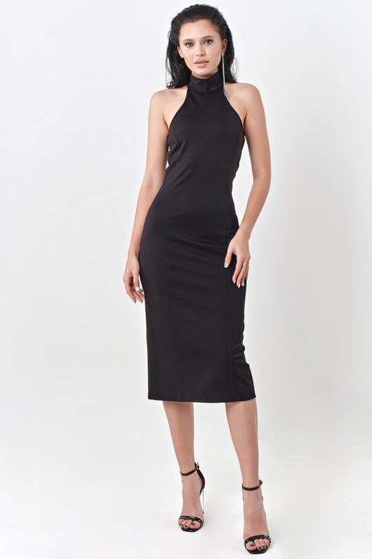 Black dress of dense jersey with guipure trim