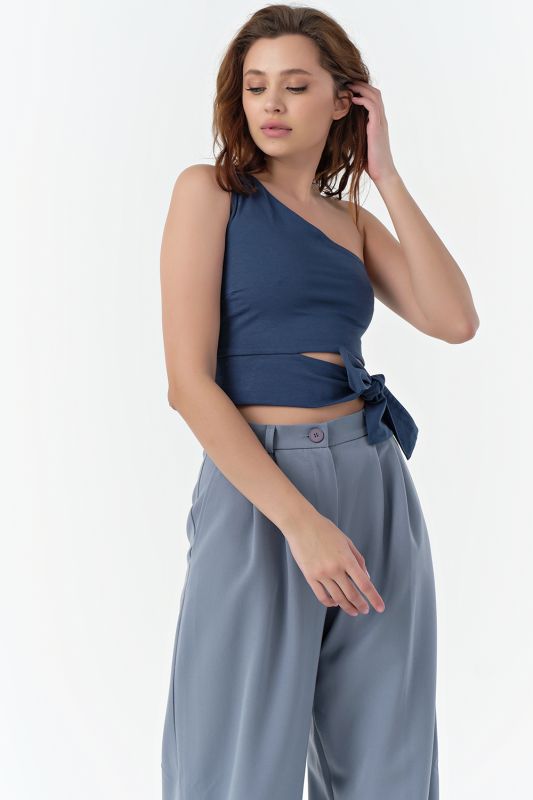 Indigo one shoulder knit cropped top