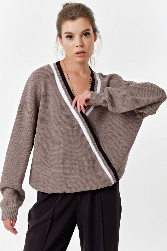 Cappuccino cotton off-shoulder knitted pullover with over-sleeves