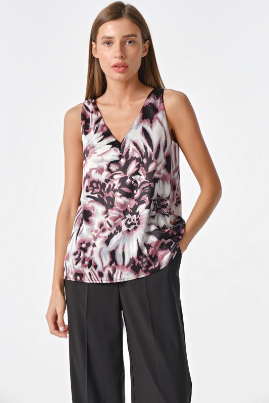 Basic satin top with floral print on white