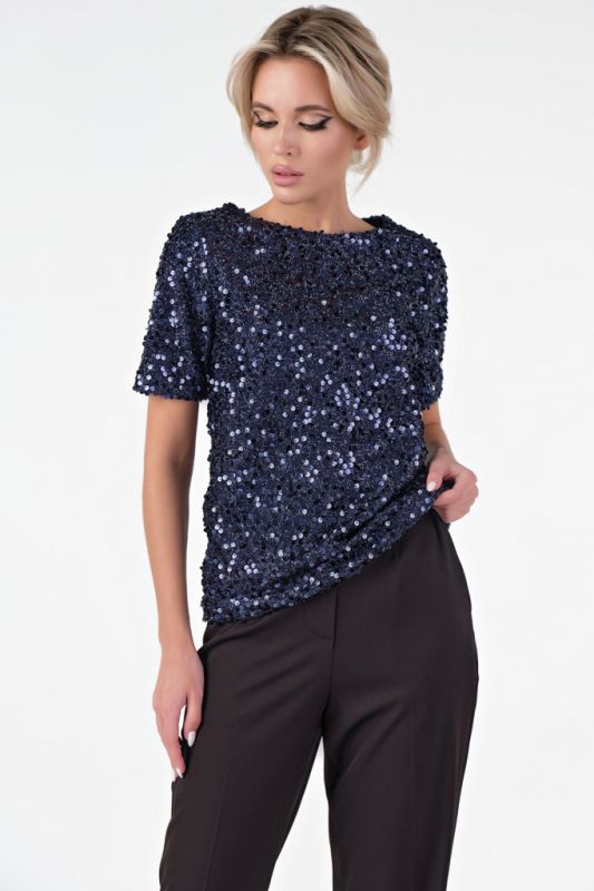 Dark blue knitted blouse with sequins