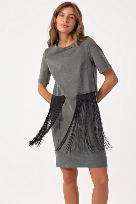 Short knitted dress with fringe gray melange