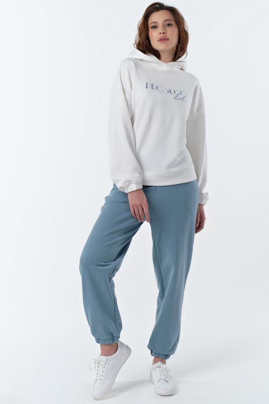 Sporty jersey knit pantsuit with cotton hoodie in blue and white