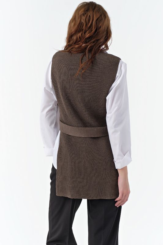 Knitted long vest with slits on sides made of cotton coffee color