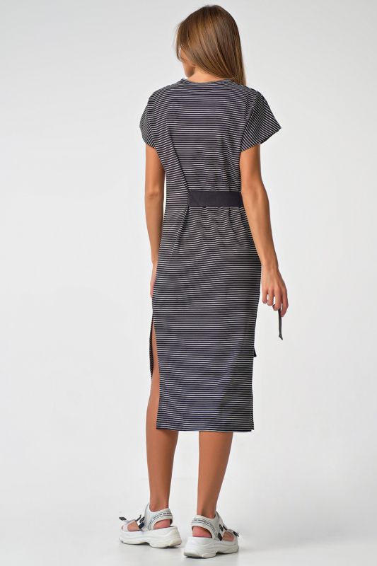 Cotton T-shirt dress with waist ties with stripes on black