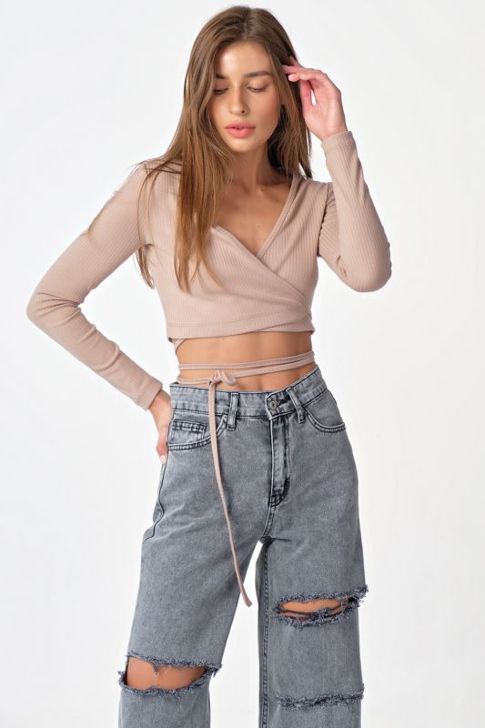 Beige knitted top with waist ties