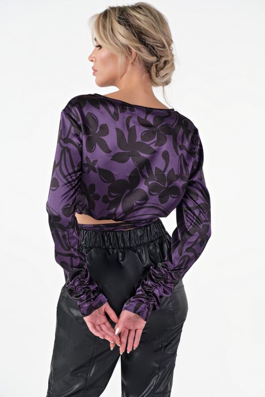 Short blouse with waist ties with print on purple