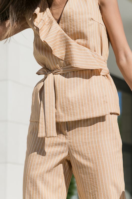 Summer pant suit with striped blouse on sand color