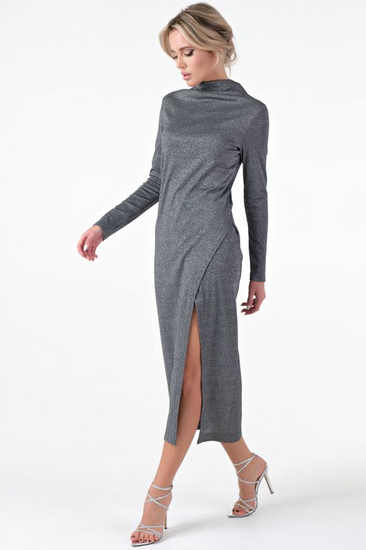 Dress knitted midi with slit on the leg dark silver