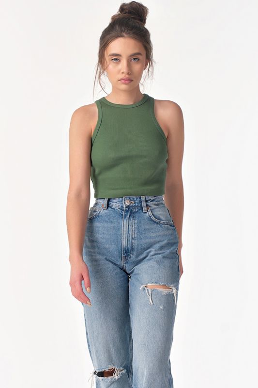 Cotton knitted cropped top in olive color