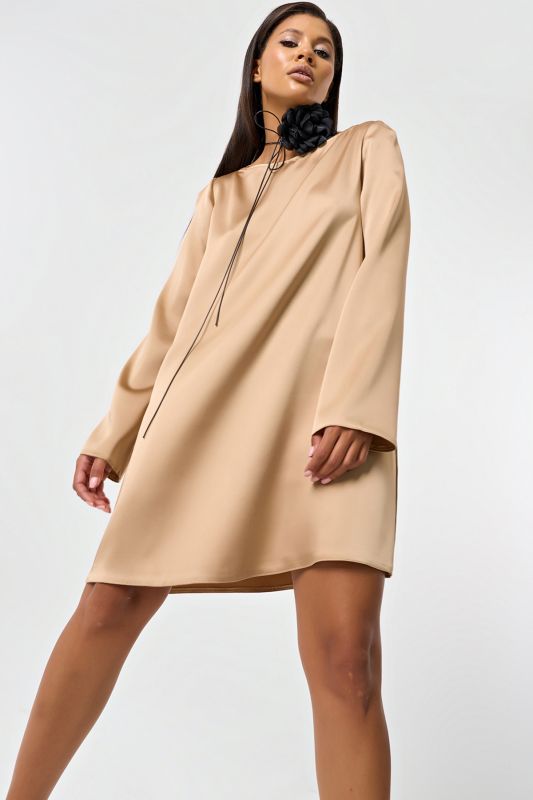 Satin sleeve dress in dark beige