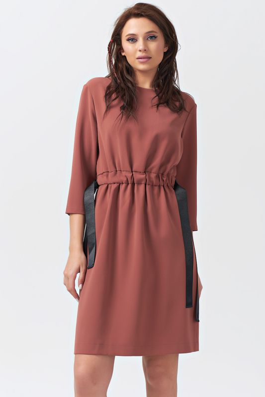 Pale terracotta straight casual dress with waist cuff in pale terracotta