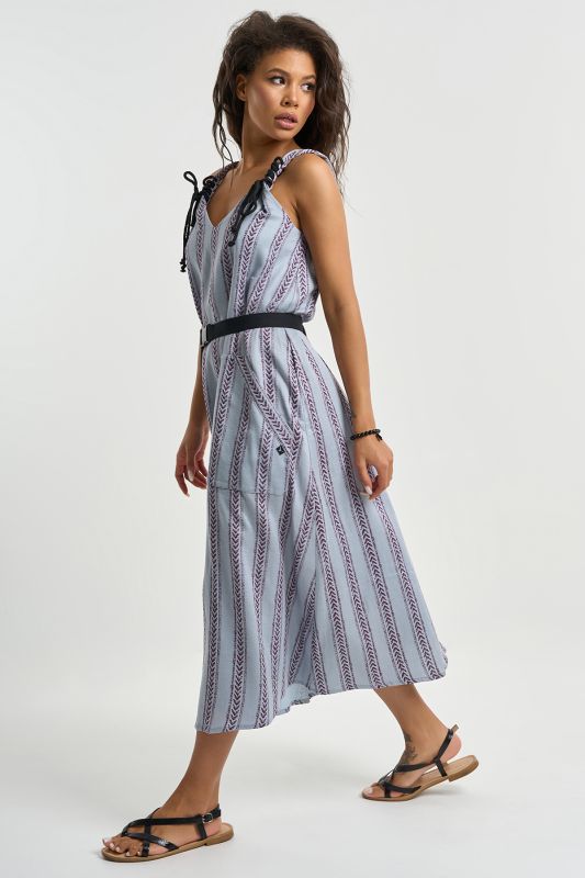 Cotton dress with belt print on gray-blue